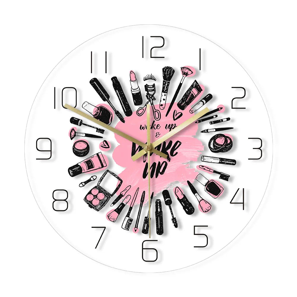 Wake up & Make up Cosmetics Collection Modern Wall Clock Beauty Salon Business Wall Sign Make up Set Silent Movement Wall Clock