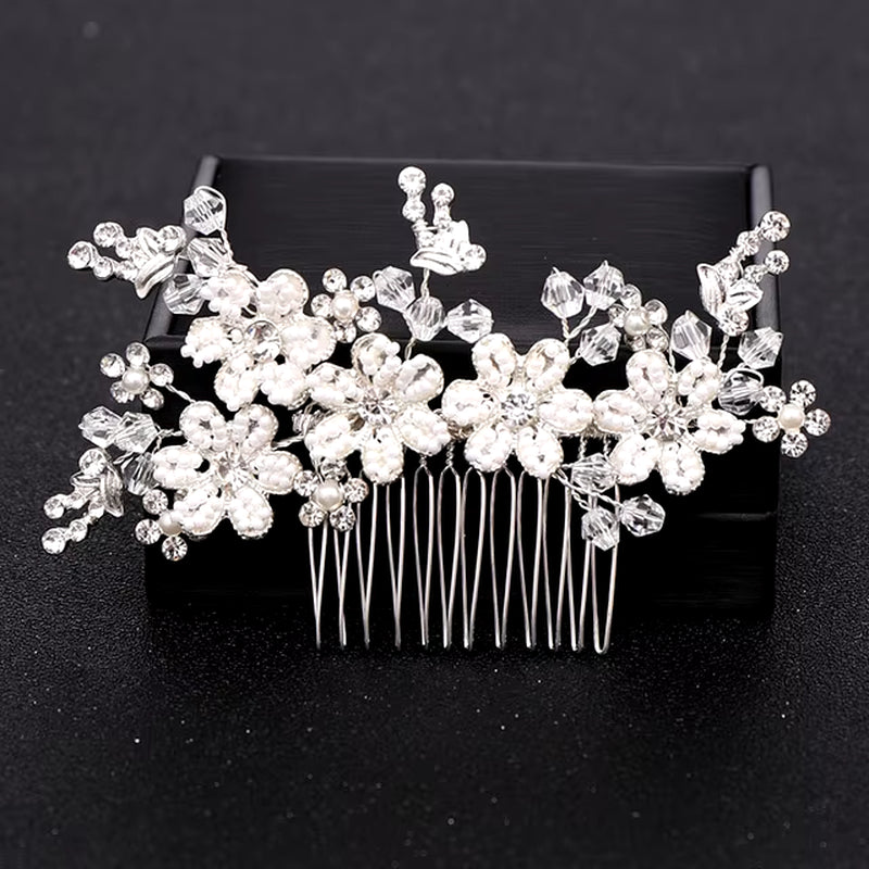 Silver Color Pearl Crystal Wedding Hair Combs Hair Accessories for Bridal Flower Headpiece Women Bride Hair Ornaments Jewelry