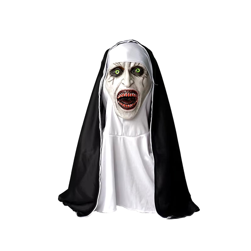 2024 Scary Nun Latex Mask with Cross Necklace and Nun Headpiece, Full Head Halloween Mask, Nun Costume Accessories