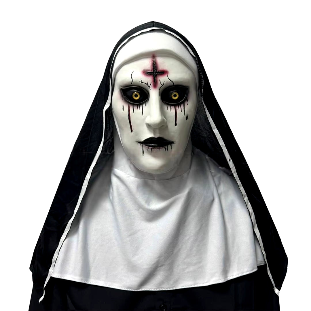 2024 Scary Nun Latex Mask with Cross Necklace and Nun Headpiece, Full Head Halloween Mask, Nun Costume Accessories