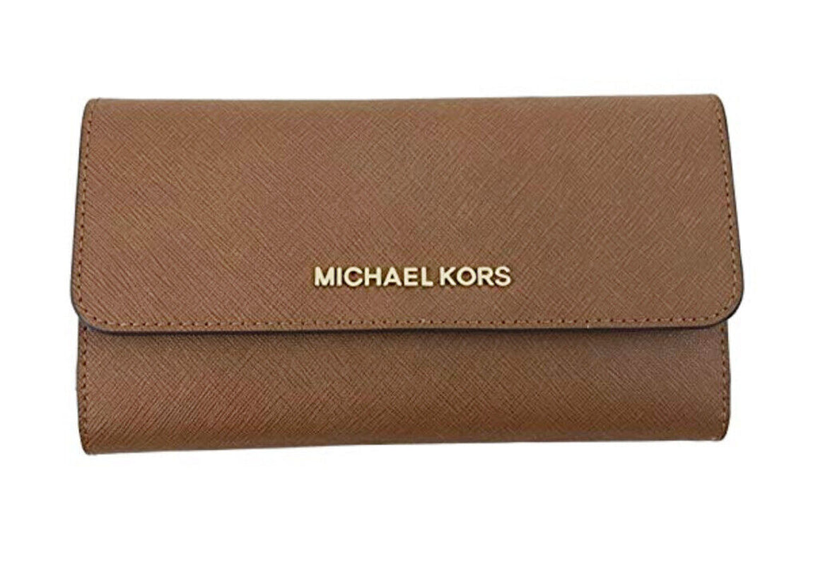 Michael Kors Jet Set Travel Large Trifold Wallet Signature MK Brown Black Pink