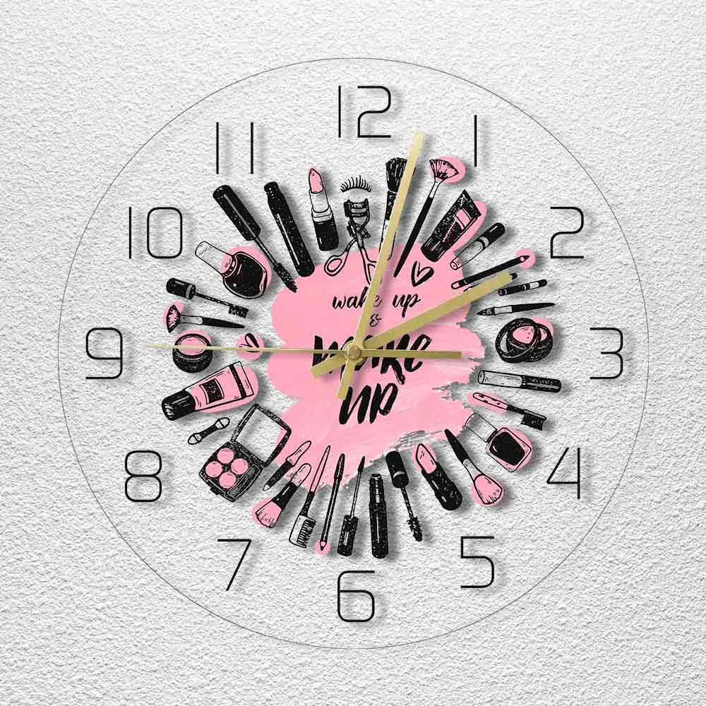 Wake up & Make up Cosmetics Collection Modern Wall Clock Beauty Salon Business Wall Sign Make up Set Silent Movement Wall Clock