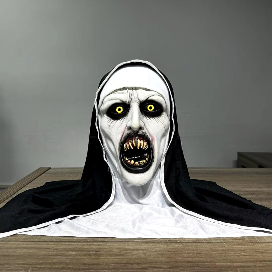 2024 Scary Nun Latex Mask with Cross Necklace and Nun Headpiece, Full Head Halloween Mask, Nun Costume Accessories