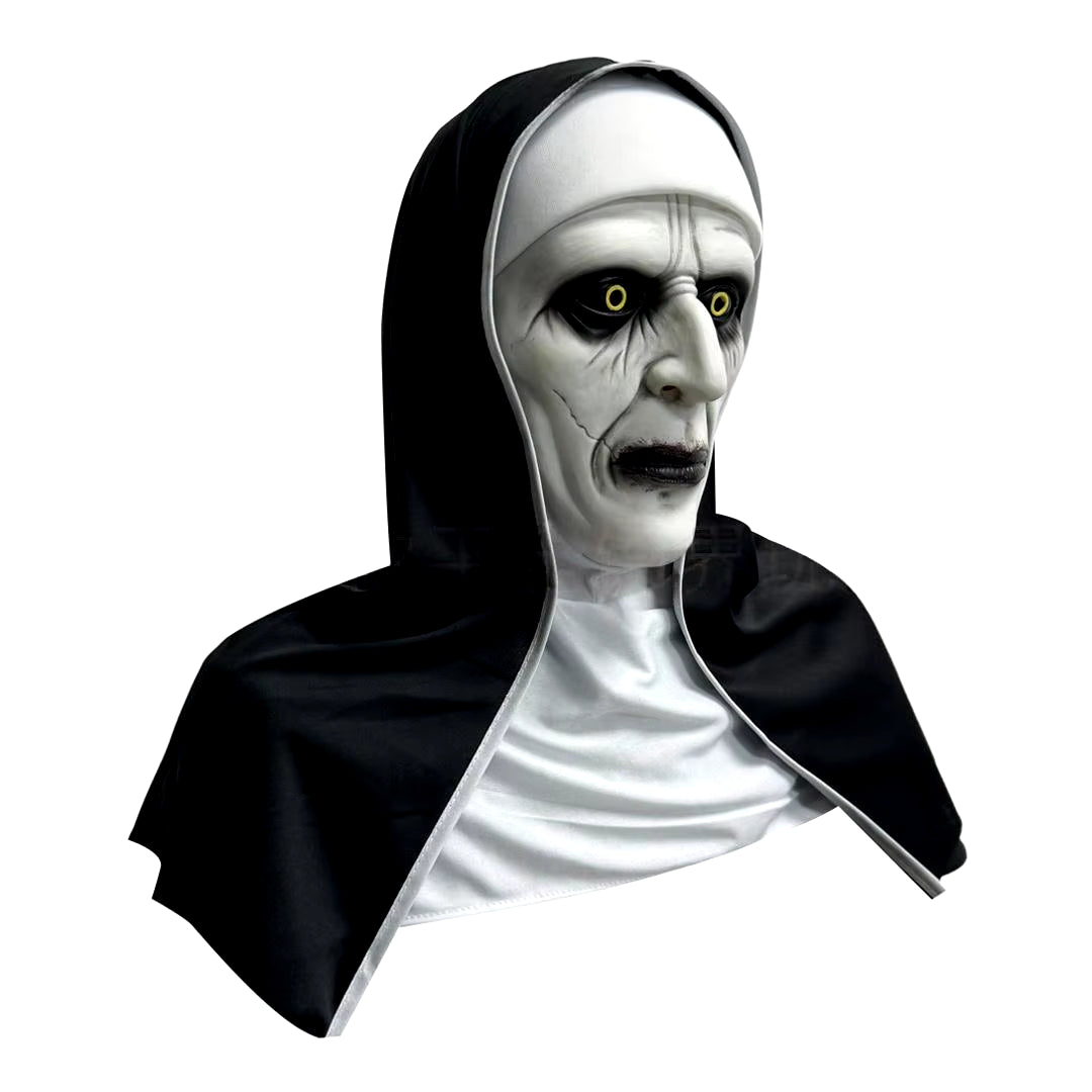 2024 Scary Nun Latex Mask with Cross Necklace and Nun Headpiece, Full Head Halloween Mask, Nun Costume Accessories