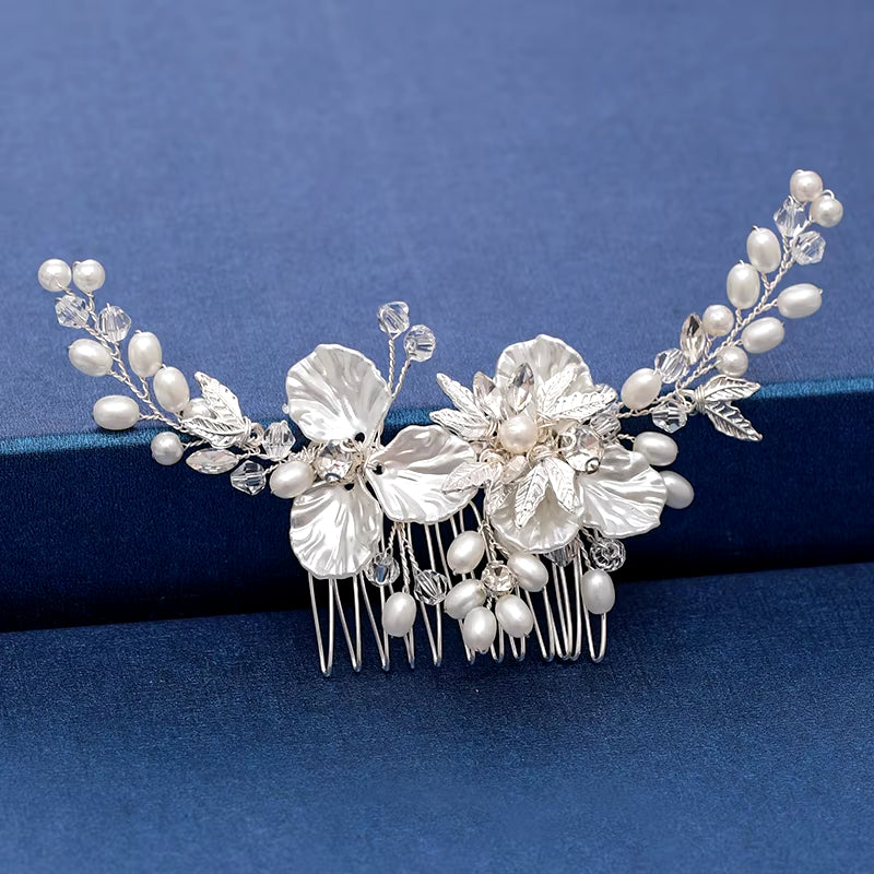 Silver Color Pearl Crystal Wedding Hair Combs Hair Accessories for Bridal Flower Headpiece Women Bride Hair Ornaments Jewelry