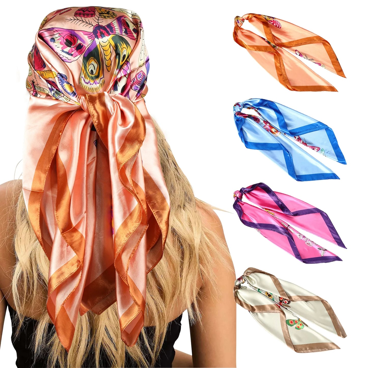 4 Pcs Silk Scarf Satin Large Square Scarves 35” Women Silk Feeling Head Scarves Hair Sleeping Wraps Turban Silk Neck Scarf Lightweight Silk Bandana